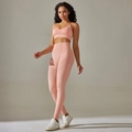 Detail showing pink knitted sports bra and high-waist leggings with compression texture - S / Top And Bottom / Cami Bra + Long Pants / Light Pink