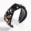 Detail of knotted headband with faux pearls, rhinestones and orange basketball charms - Black
