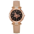 Reloj de mujer oro rosa con esfera de mariposa y correa de cuero beige fino - Beige