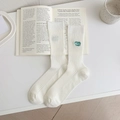 Off-white ribbed mid-calf socks with green FUN TIME embroidery and cotton texture - One Size / White with Green Embroidery