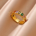 Golden rainbow zircon open ring with colorful rectangular crystals on champagne silk background - Multicolored Rectangular Zirconia Style (G4096068G-1)
