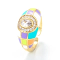Adjustable gold ring with colorful enamel grid pattern and large oval zircon center - Adjustable Open / Colorful