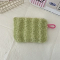 Detail of green striped plush cosmetic bag with pink braided zipper pull strap - Green Stripes