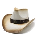 Detail of woven straw cowboy hat with leather band and vintage bull head metal emblem - M (56-58cm) / Creamy White & Coffee