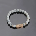 Lava stone bead bracelet with gray spotted texture and golden Dad engraved metal bead - Dad Engraved Plate (G1146-1)
