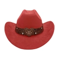 Detailed view of red suede cowboy hat featuring a rhinestone heart metal buckle band - One Size / Rust Red (Big Heart)