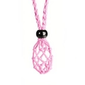 Detail of pink woven rope mesh pouch with black decorative bead for DIY pendants - Necklace / Pink