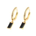 Close-up of 18K gold earrings featuring rectangular black gemstones and zircon pavé hoops - Black Square
