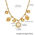 Detail van de gouden rvs ketting met zirkoon harten en religieuze hanger - 40+5cm / Gouden Icoon Hart Stijl (P904)