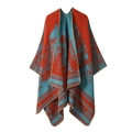 Close-up of red and blue reversible knit shawl with tree pattern and tassel fringe detail - One Size / Jungle Pattern - Orange Blue