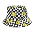 Dettaglio cappello alla pescatora a scacchi con stampa smiley gialla su sfondo bianco - M(56-58cm) / Scacchiera Bianco e Nero Sorriso Fondente (1#)