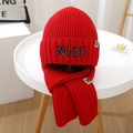 Detail of red knit NICE letter embroidery hat and scarf set for winter warmth - Set / Red