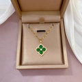 Luxurious gold four-leaf clover necklace with green gemstone and micro-pave zircons - Gold Titanium Steel Chain Copper Pendant (E213)