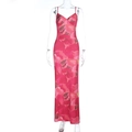 Detail of pink floral maxi dress showing V-neckline and silky satin printed fabric - XS / Red Floral