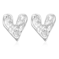 Chic silver heart stud earrings with irregular melting texture and high polish finish - 1138 Steel Color
