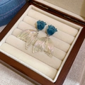 Blue rose earrings with iridescent mermaid tail charms in a soft cream jewelry box - 19# Silver Earring Post - Blue - Flower Fishtail
