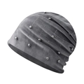 Detail of dark grey slouchy beanie featuring soft chenille fabric and silver bead accents - Adjustable / Metal Bead Gray