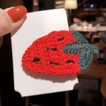 Cute handmade crochet red strawberry hair clip with green leaves on a white card - J-15-Strawberry Style