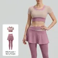 Ensemble de yoga trois pièces pour femmes, taille haute, violet baie et lilas doux - S / Haut Et Bas / Violet Laité + Violet Baie