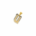 Detail of a gold letter U pendant with blue and white enamel accents on white background - Letter U