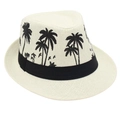 Detail of cream straw fedora hat featuring black coconut tree embroidery and ribbon - One Size / Cream