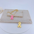 Pink ribbon enamel and gold-plated pendants with cubic zirconia on stone base - Pink Ribbon