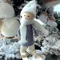 Miniature wooden skiing doll ornament with grey wool coat and white knit accessories - White Hat & Grey Clothes Skiing Doll