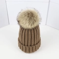 Dark brown knitted beanie for women and kids with light brown faux fur pom pom top - Adult One Size 56-58cm / Khaki