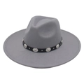 Detail of light grey felt fedora featuring black ribbon with vintage silver metal studs - Light Gray