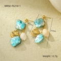 Detail of beach-style earrings with blue shells, gold conch pendant, and size dimensions - Blue Shell Earrings