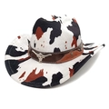 Western cow print wool fedora hat with vintage bull head emblem and leather band - M (56-58cm) / Cow Print White