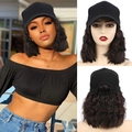 Black baseball cap with short wavy hair extension for women shown in multiple angles - Black Brown