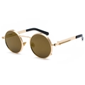 Steampunk round sunglasses with gold metal frame, brown lenses and spring temple detail - Gold Mirror Gold