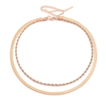 Detail of rose gold double-layered necklace with snake and twisted rope chain styles - Rose Gold