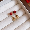 Red bead and gold gourd pendant earrings with intricate carved texture for festive look - Red Bead Gold Gourd Pendant Style (57# Silver Earring Post-Gold-Red)