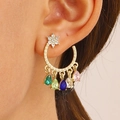 Teardrop gemstone tassel earrings in gold plating with colorful crystals and stars - Star Moon Colorful Tassel Style (8773)