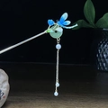 Antike Haarnadel mit blauem Libellen-Design, Jadeit-Donut und Perlenquasten - Silber Blaue Libelle Sicherheitsverschluss Künstliche Perle Quaste (0591)