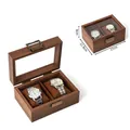 Brown walnut wood 2-slot watch display box with glass window and metal clasp closure - 2-Slot Walnut Watch Box