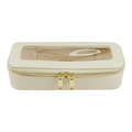 Beige rectangular travel jewelry box with transparent top window and gold zippers - Rectangle / Shell Gold