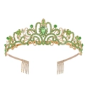 Elegant gold bridal tiara featuring vibrant green crystal gemstones and integrated hair combs - Gold Base Green Rhinestone