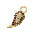 Macro detail of golden wing pendant featuring inlaid deep red and white zircon gemstones - Gold Smoky Purple Wings