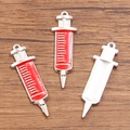 Silver and red enamel syringe charms for DIY jewelry making with medical theme pendants - Large Syringe - Red Enamel / Silver/Red