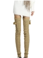 Close-up of camel cable knit over-knee leg warmers with decorative pom-poms - One Size / Beige