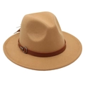 Close-up of khaki wide brim felt fedora hat with brown leather band and metal ring buckle - Camel