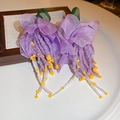 Floral tulle drop earrings featuring purple layered petals and beaded tassel accents - Purple Flower