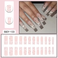 French tip long coffin press-on nails with silver glitter and rhinestone accents - Nude Pink White French Tip Glitter Rhinestone Style (SGCY-133)