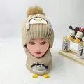 Khaki children knit hat scarf with penguin cartoon embroidery and brown pompom - Penguin Hat And Scarf Set Khaki