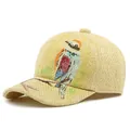 Beige Stroh-Baseballkappe mit buntem handgemaltem Vogelmuster und UV-Schutz für Sommer - Handbemalte Vögel auf Zweig (Khaki)