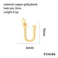Detail view of a 9mm gold plated letter U pendant with technical dimensions and weight - Letter U