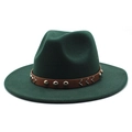 Chapeau fedora en laine vert foncé à large bord avec bande en cuir ornée de rivets - M (56-58cm) / Vert Foncé